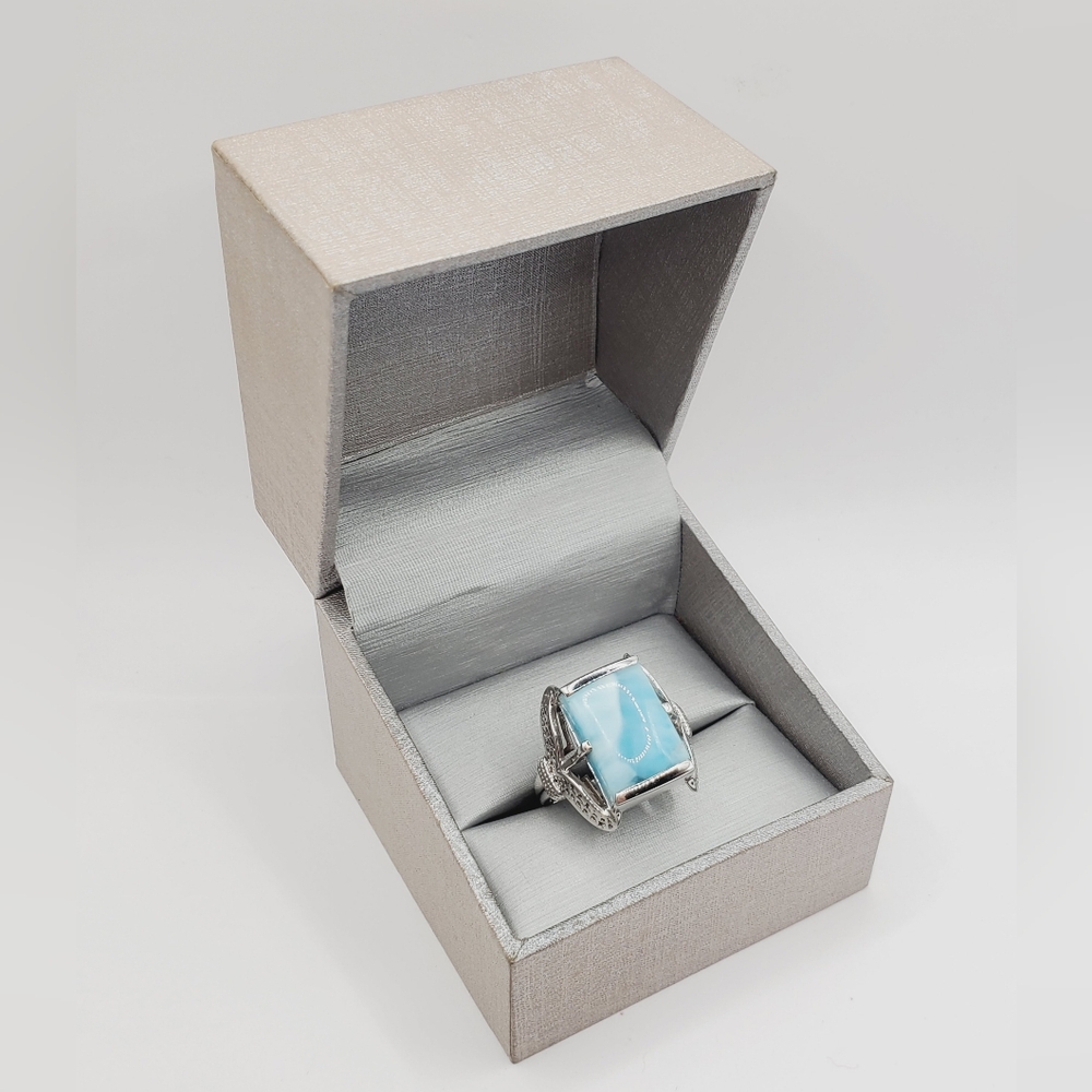 925 Sterling Silver Genuine Rectangle Blue Larimar Statement Ring - Picture 9 of 9